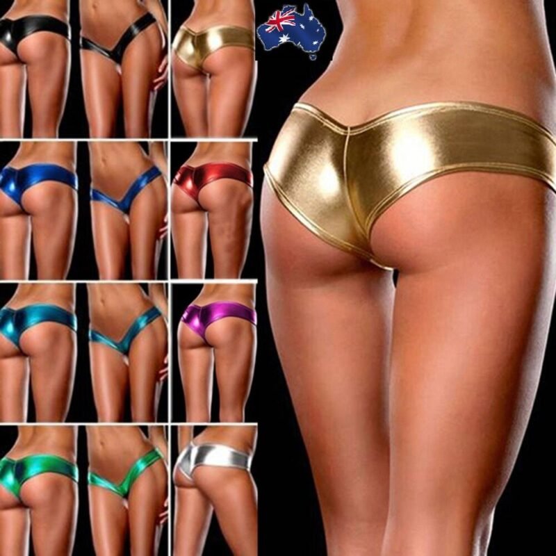 Woman in metallic G-string underwear Australia Multicolored design, front view, showing leather look.