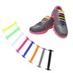 Person with no-tie silicone shoelaces Australia Black color, front view, showing elastic strap.