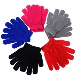 Child with kids stretchy gloves Australia Aqua blue color, front view, showing knitted design.