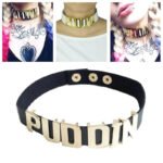 Person with Harley Quinn choker Australia Black color, front view, showing “Puddin” design.