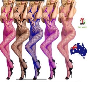 Woman in sexy fishnet body stocking Australia Black color, front view, showing fishnet design.