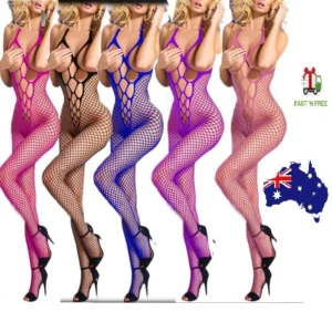 Woman in sexy fishnet body stocking Australia Black color, front view, showing fishnet design.