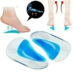 Person with flat feet gel insoles Australia Clear with blue cushion, front view, showing gel pad.