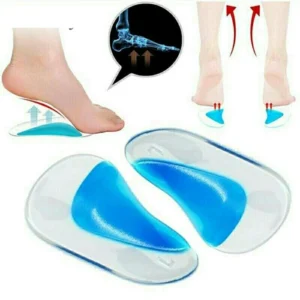 Person with flat feet gel insoles Australia Clear with blue cushion, front view, showing gel pad.