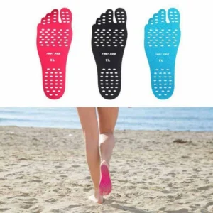 Person with waterproof foot stickers Australia Shown color, front view, showing adhesive pad.