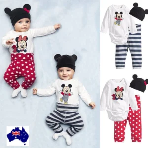 - 57 2139 Baby with baby romper set Australia Mickey Mouse color, front view, showing bodysuit design.