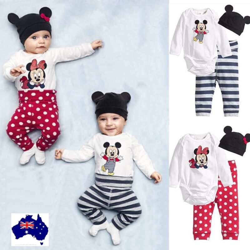 Baby with baby romper set Australia Mickey Mouse color, front view, showing bodysuit design.