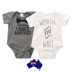 Baby with cotton baby romper Australia White color, front view, showing letter print.