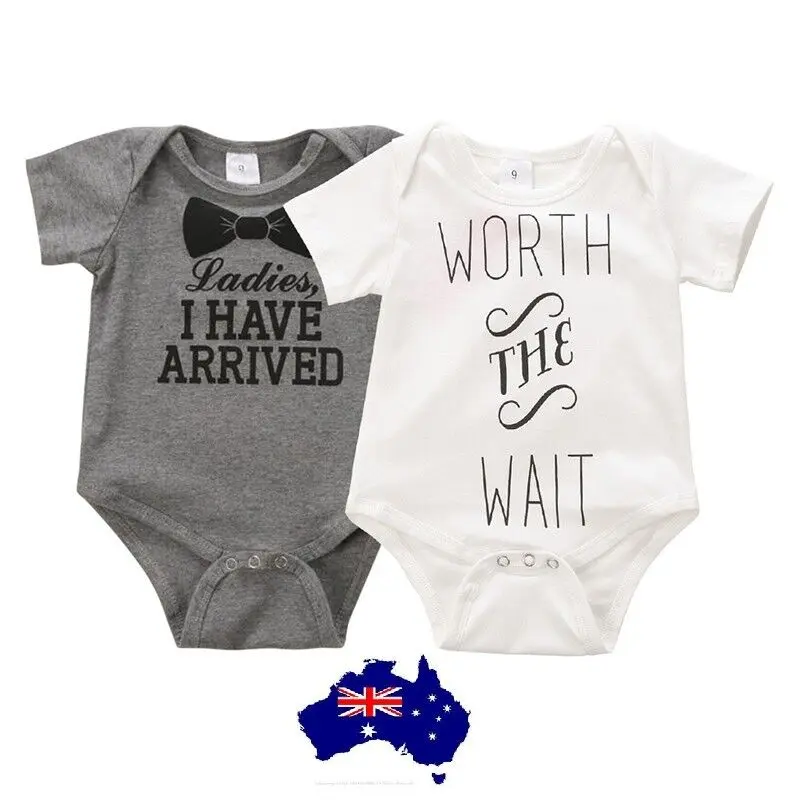 57-2153.jpg Baby with cotton baby romper Australia White color, front view, showing letter print.