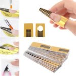 Person with gel nail extension stickers Australia Golden color, front view, showing adhesive form.