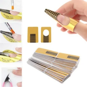 Person with gel nail extension stickers Australia Golden color, front view, showing adhesive form.