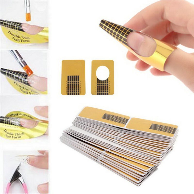 Person with gel nail extension stickers Australia Golden color, front view, showing adhesive form.