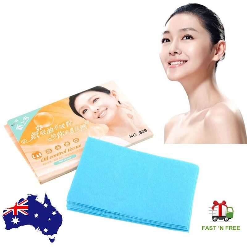 Person with oil control blotting papers Australia Shown color, front view, showing 50-piece pack.