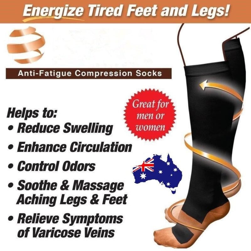 Person with copper compression socks Australia Black color, front view, showing snug fit.