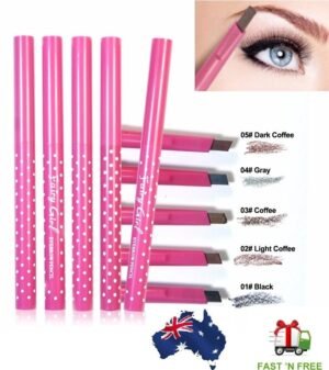 Person with waterproof eyebrow pencil Australia Shown color, front view, showing rotation tip.