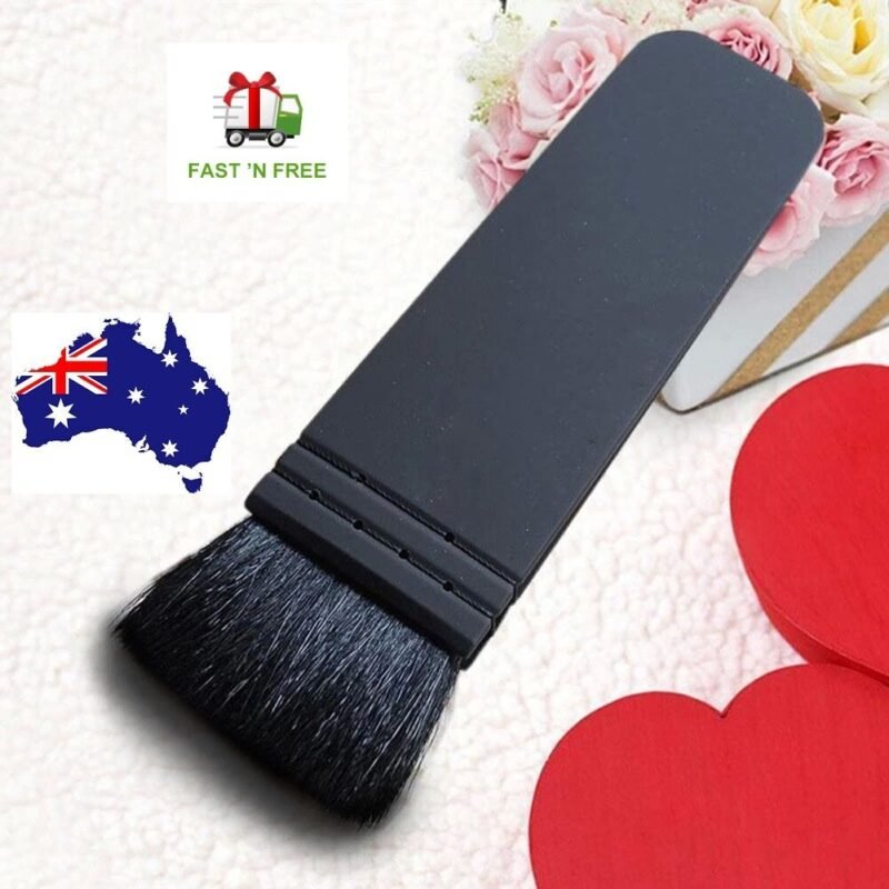Person with kabuki brush Australia Black color, front view, showing wool bristles.