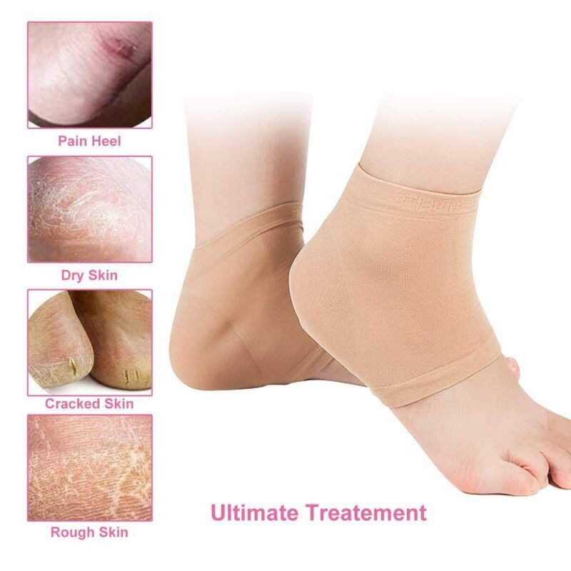 Person with gel heel socks Australia Skin color, front view, showing open toe design.