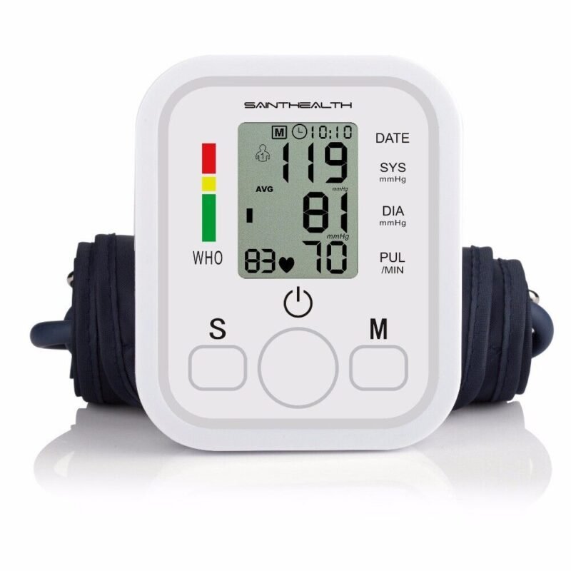 Person with upper arm blood pressure monitor Australia Shown color, front view, showing LCD screen.