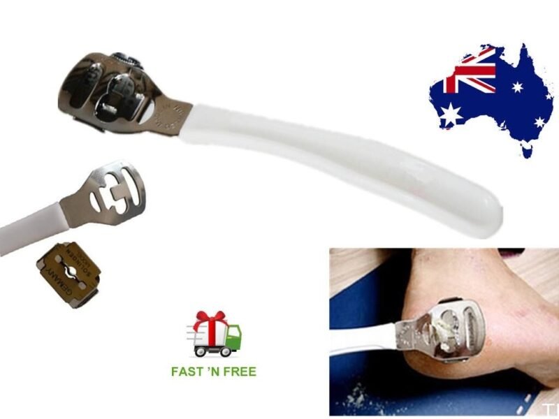 Person with callus remover tool Australia Shown color, front view, showing metal blade.