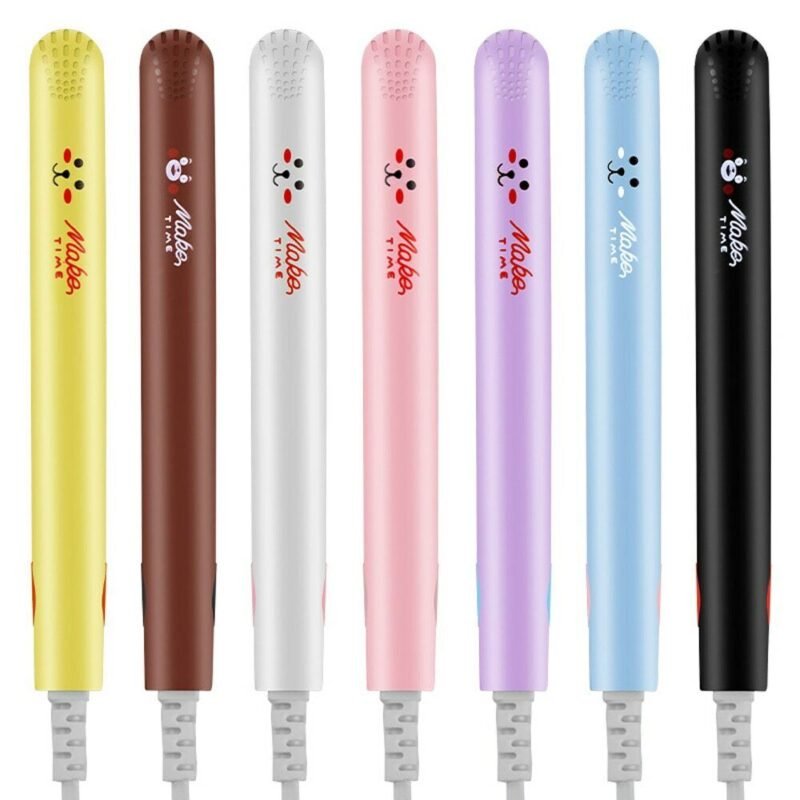 Person with mini hair straightener Australia Colorful design, front view, showing ceramic plates.