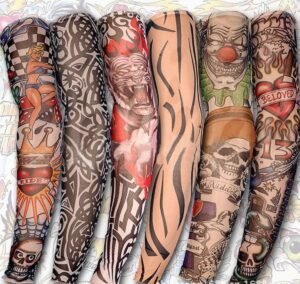 Person with fake tattoo sleeve Australia Multi-color design, front view, showing nylon stocking.