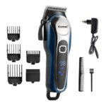 Person with cordless hair clipper Australia Black and blue color, front view, showing LCD display.