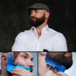 Person with beard shaping tool Australia Blue color, front view, showing tapered edge.