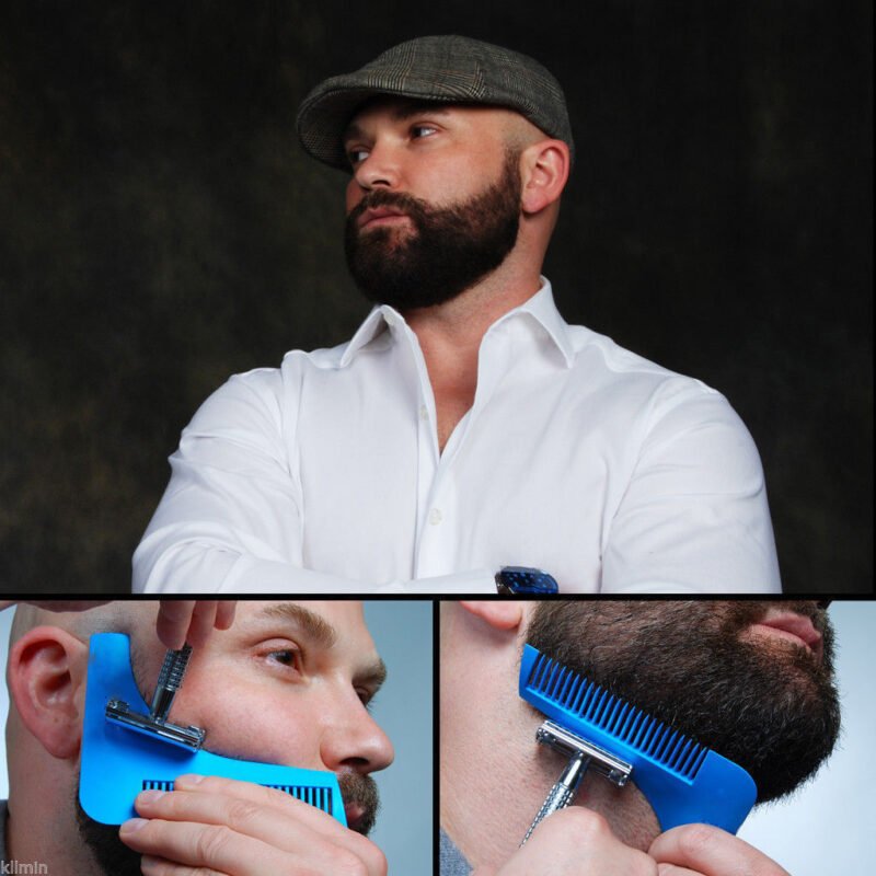 Person with beard shaping tool Australia Blue color, front view, showing tapered edge.