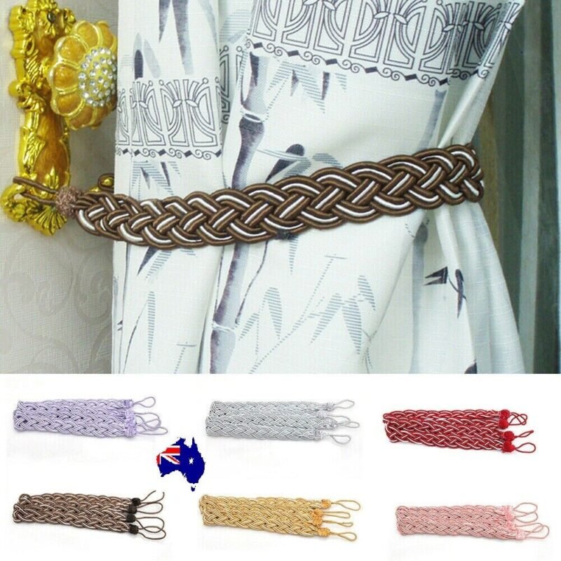 Person with curtain tieback Australia Multi-color design, front view, showing braided cord.