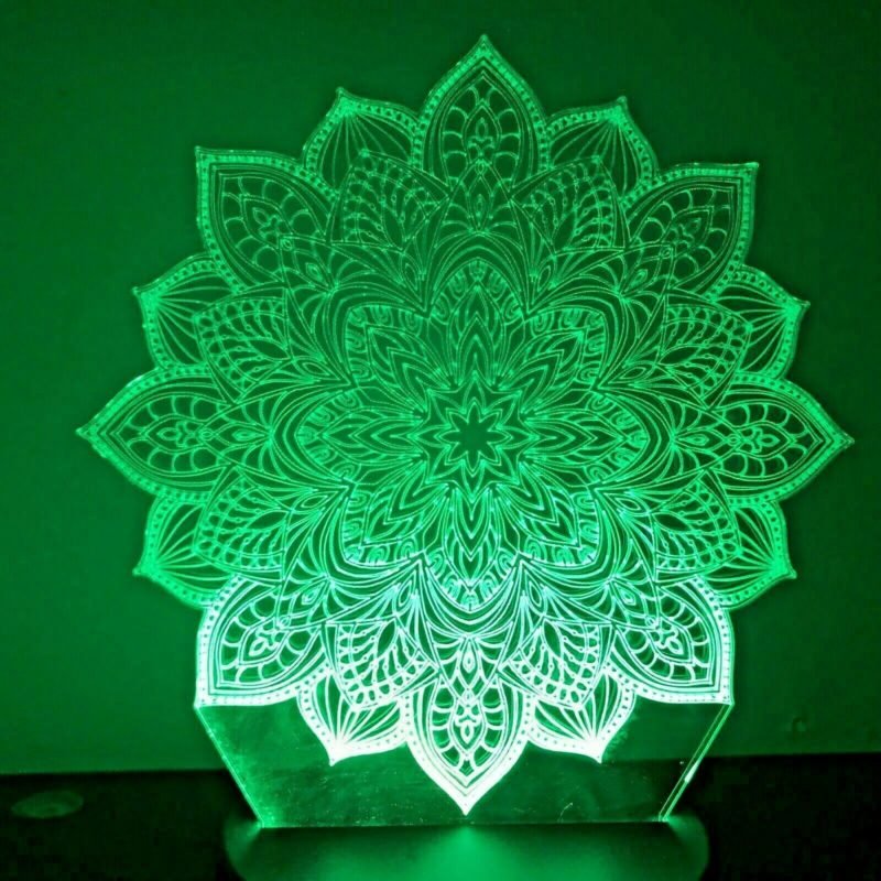 Person with mandala night light Australia Clear acrylic color, front view, showing 3D mandala.