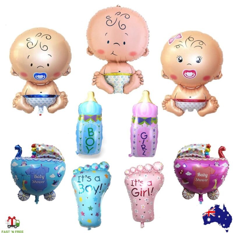 57-2597.jpg Person with baby shower balloons Australia Multicolor foil, front view, showing boy and girl designs.