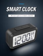 Person with smart alarm clock Australia White color, front view, showing LCD display.