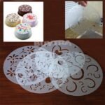 Person with cake decorating stencils Australia White color, front view, showing round designs.