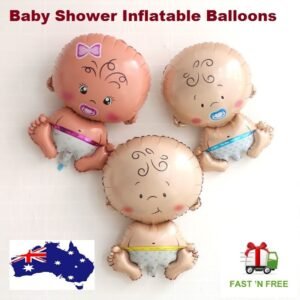 Person with baby shower balloons Australia Multicolor foil, front view, showing boy and girl designs.
