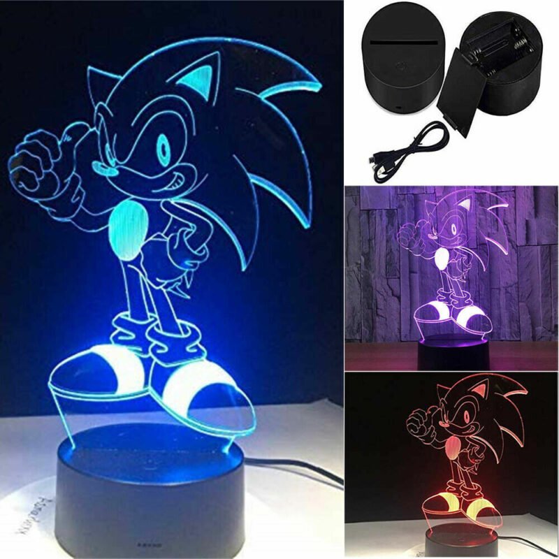 Person with Sonic night light Australia Clear acrylic color, front view, showing 3D Sonic.