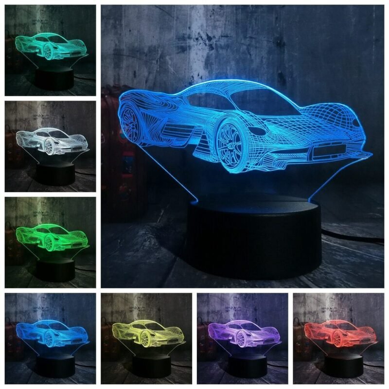 Person with Ferrari night light Australia Clear acrylic color, front view, showing 3D car.