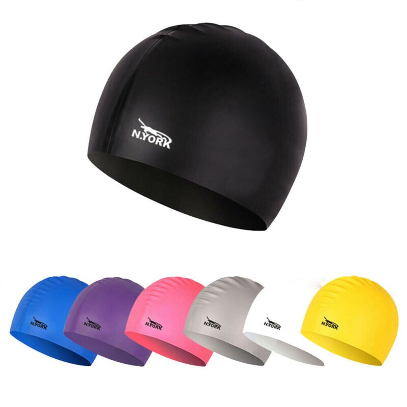 Person with swim cap Australia Blue color, front view, showing silicone design.
