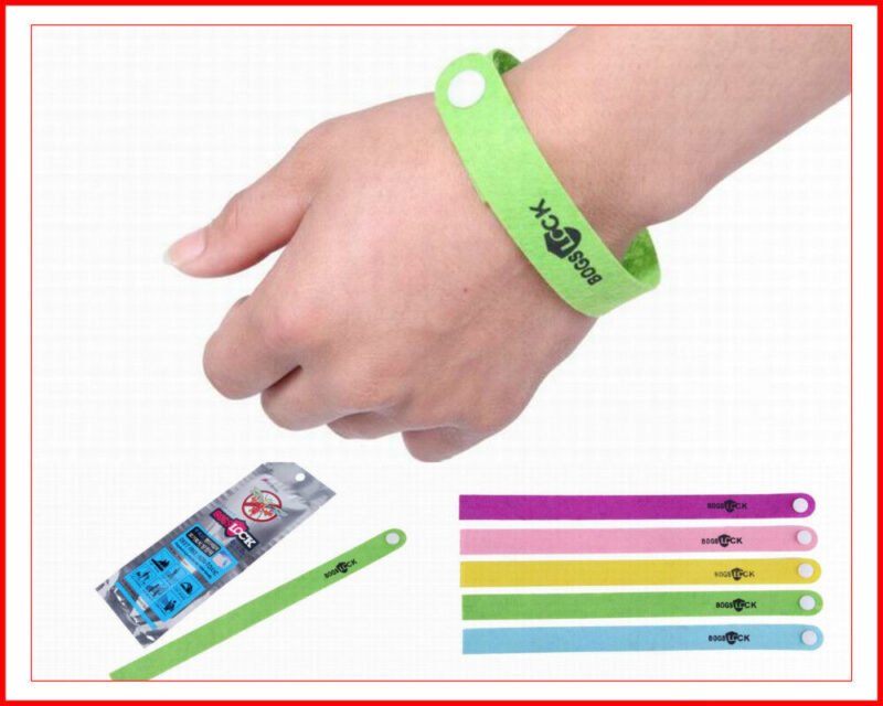 Person with mosquito repellent bracelets Australia Random color, front view, showing wrist fit.