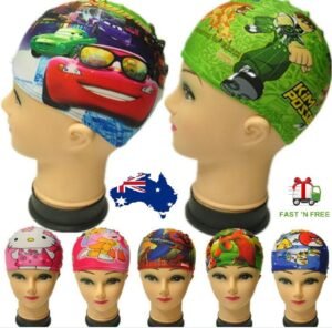 Person with kids swim caps Australia Random cartoon color, front view, showing lycra fit.
