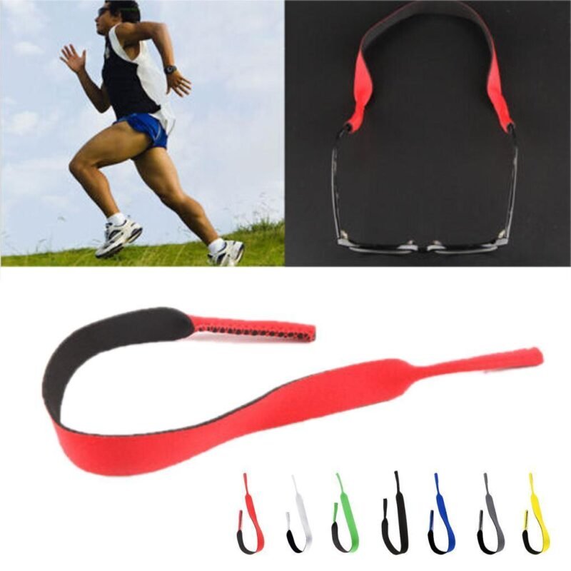 Person with sports glasses strap Australia Black color, front view, showing neoprene band.