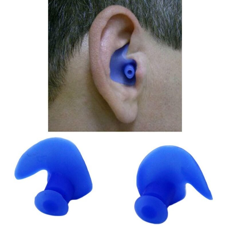 Person with silicone swim earplugs Australia Yellow color, front view, showing spiral design.