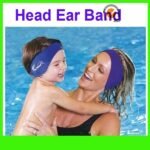 Person with kids swim band Australia Blue color, front view, showing ear coverage.