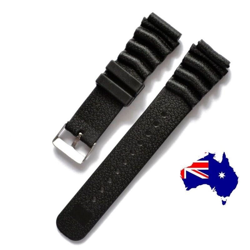 Watch band Australia Black color, front view, showing steel buckle.