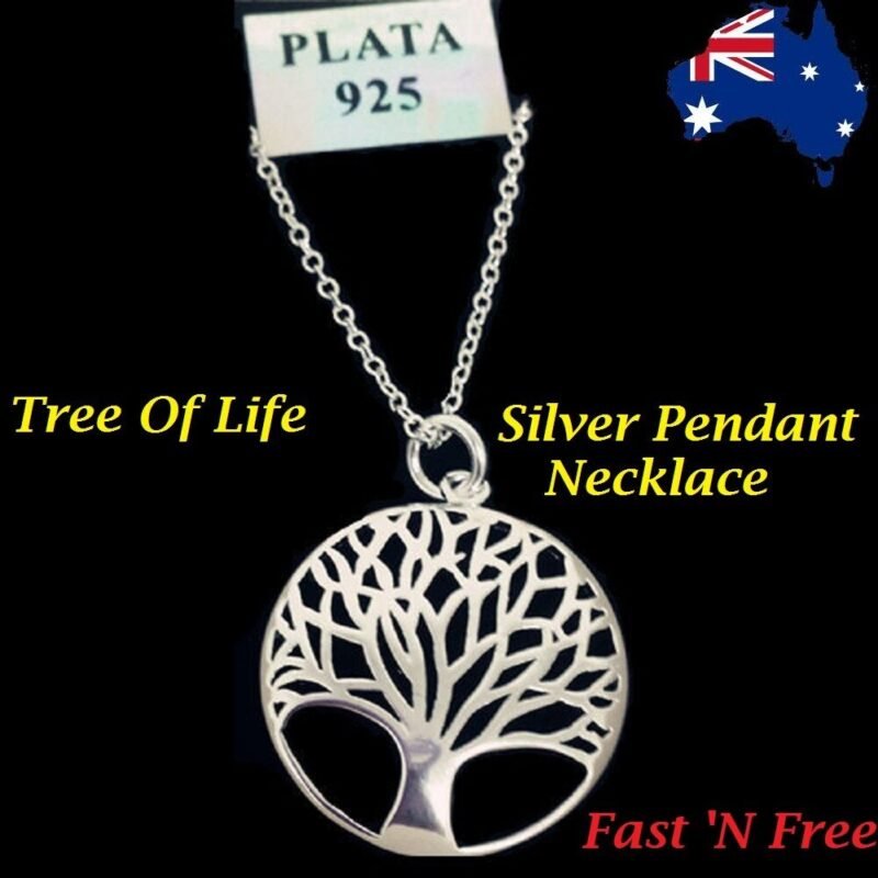Person with tree of life necklace Australia Silver color, front view, showing tree pendant.
