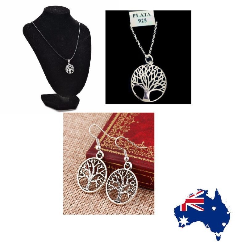 Person with tree of life choker Australia Silver color, front view, showing pendant and earrings.