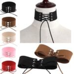 Person with velvet choker necklace Australia Black color, front view, showing tie-up design.