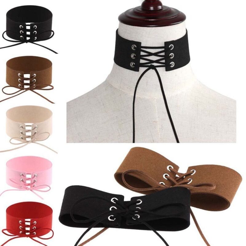 Person with velvet choker necklace Australia Black color, front view, showing tie-up design.