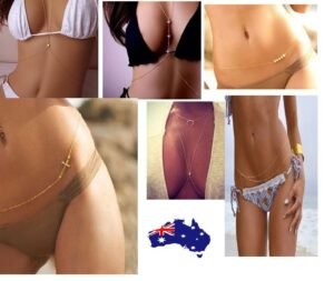 Person with waist body chain Australia Gold color, front view, showing star design.
