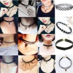Person with velvet choker necklace Australia Black color, front view, showing plant pendant.