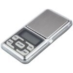 Digital pocket scale Australia Silver color, front view, showing LCD display.